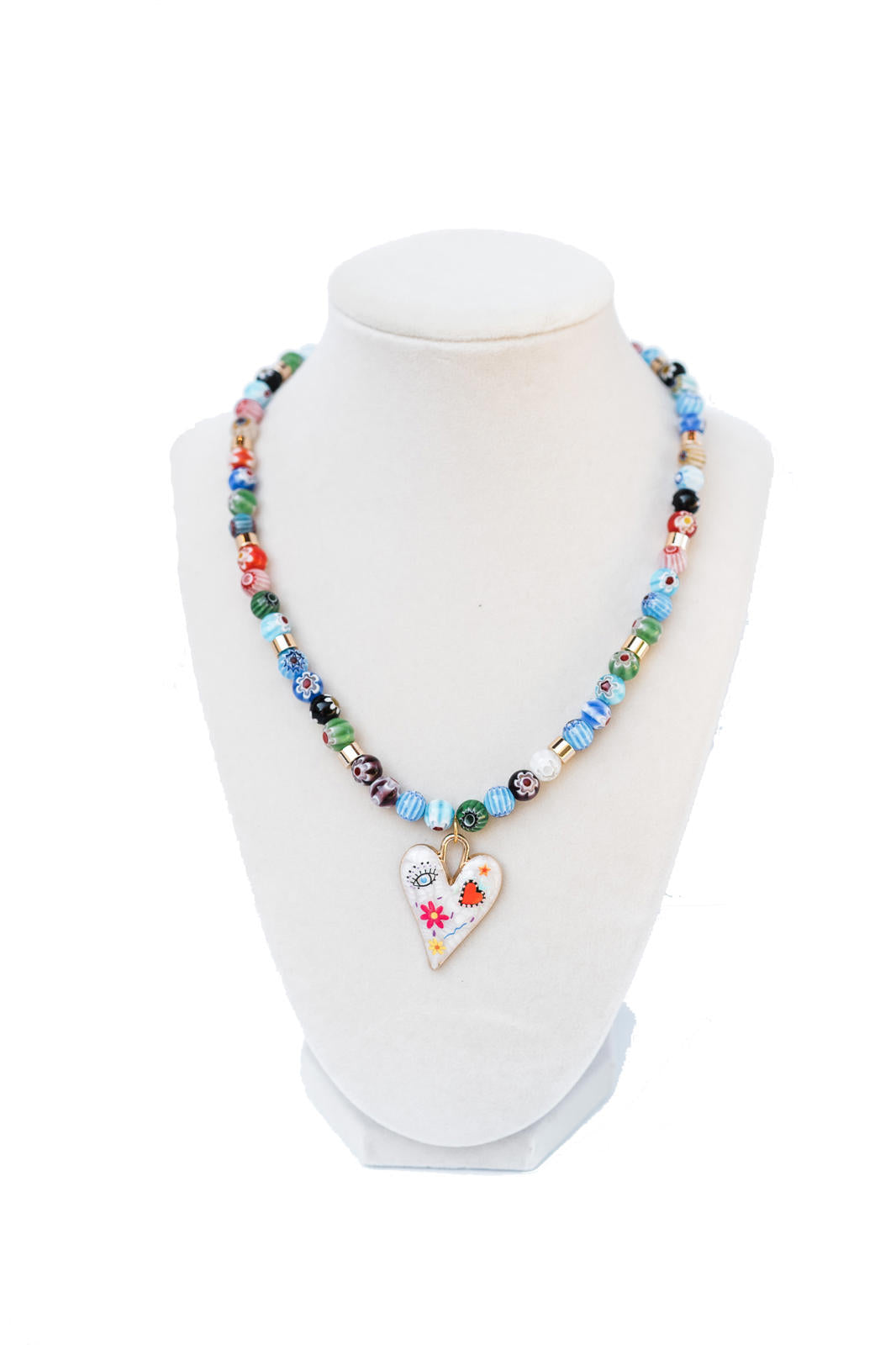 Multicolor Glass Bead and Pendant Heart Necklace