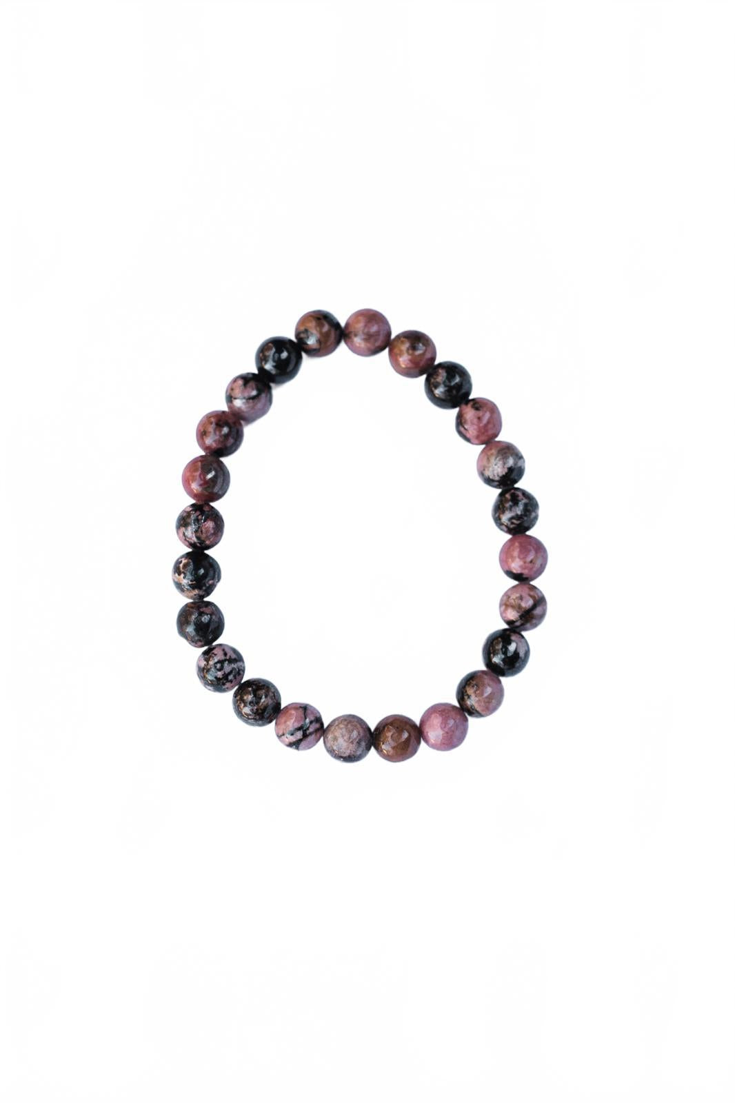 Black Vein and Pink Rhodonite Beaded Bracelet