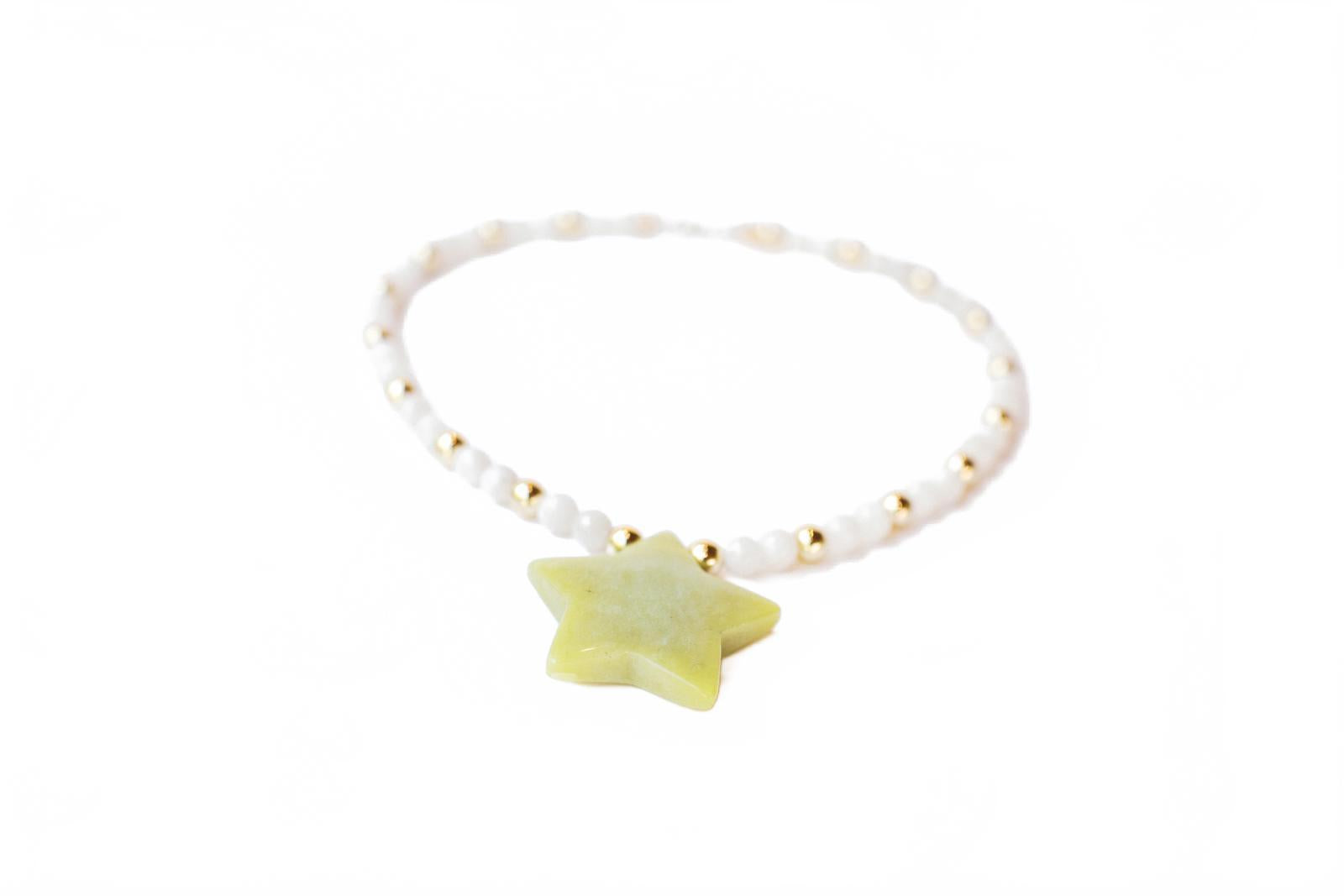 White Moonstone and Green Aventurine Beaded Star Pendant Necklace