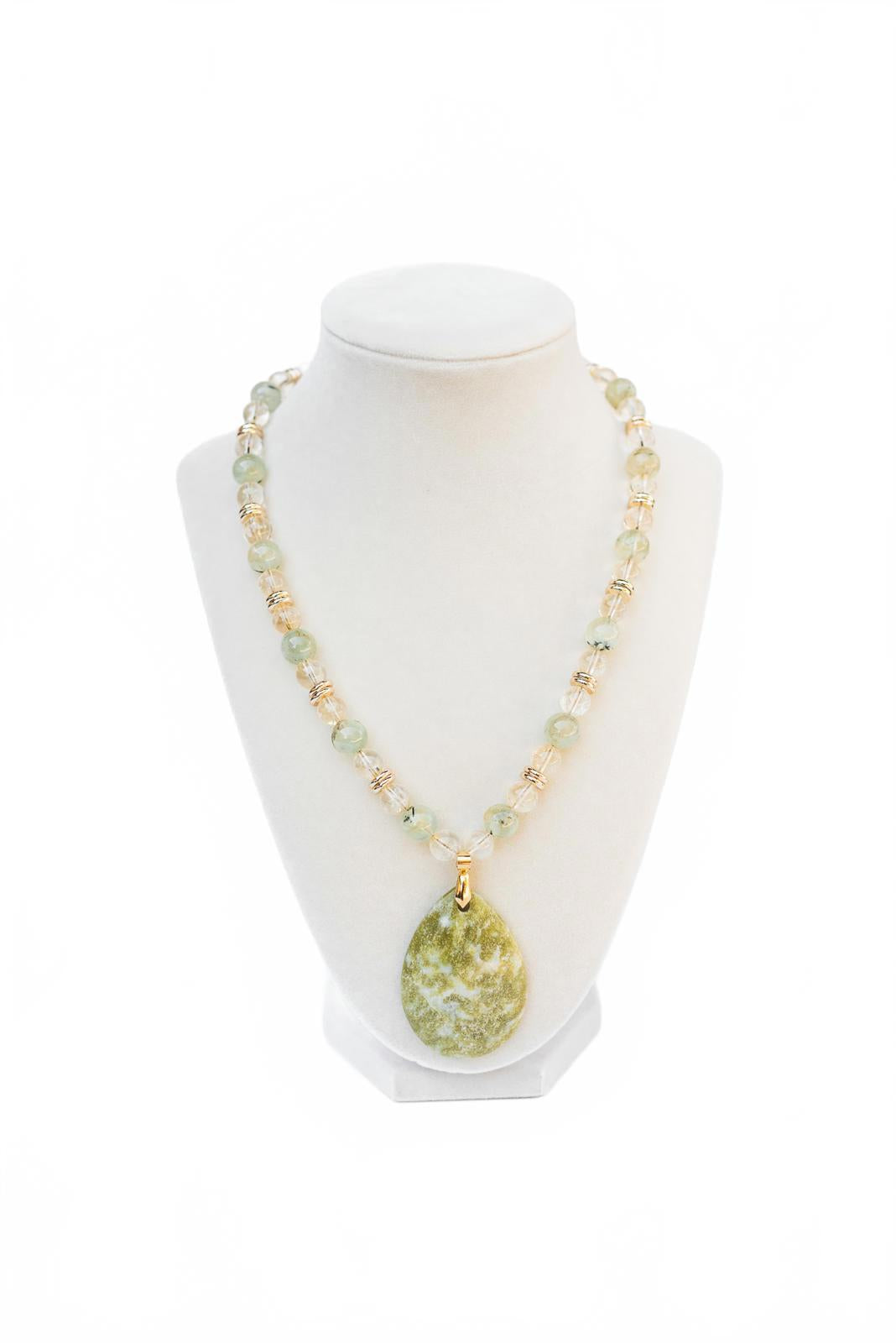 Citrine and Prehnite Pendant Beaded Necklace