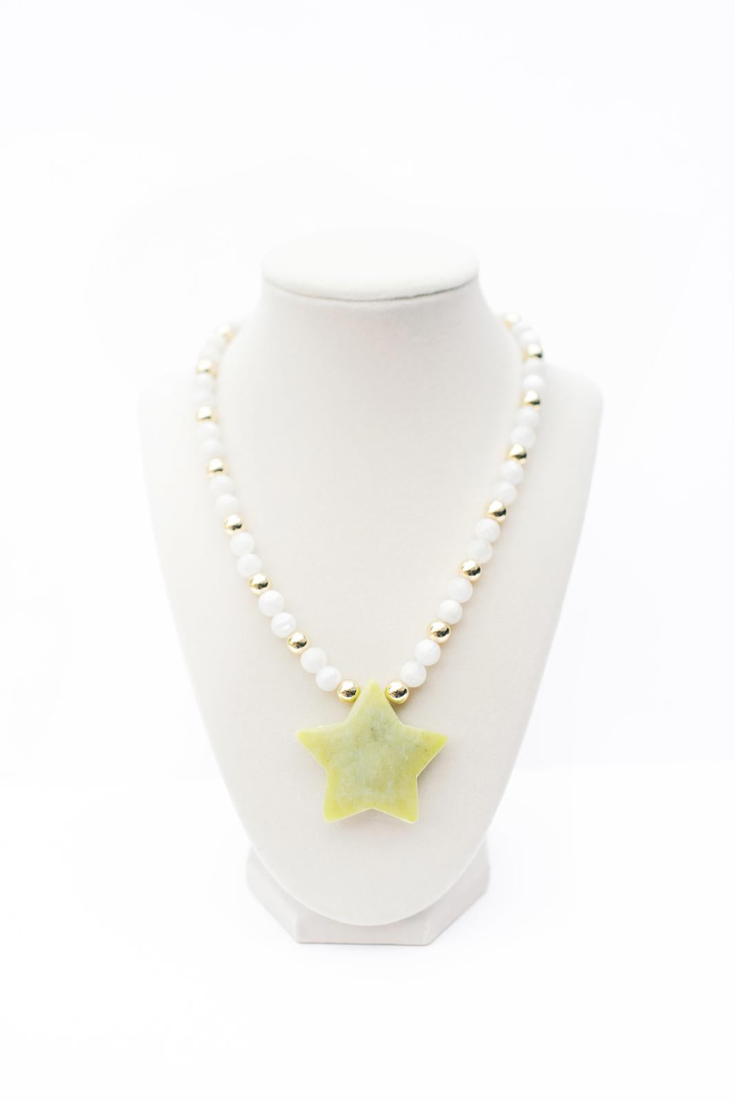 White Moonstone and Green Aventurine Beaded Star Pendant Necklace
