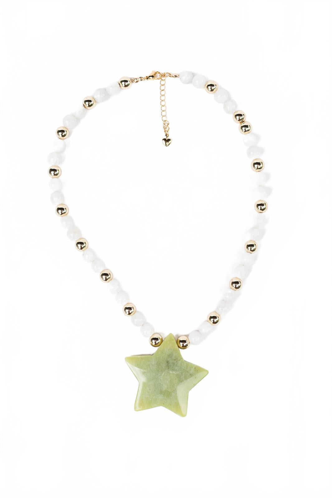 White Moonstone and Green Aventurine Beaded Star Pendant Necklace