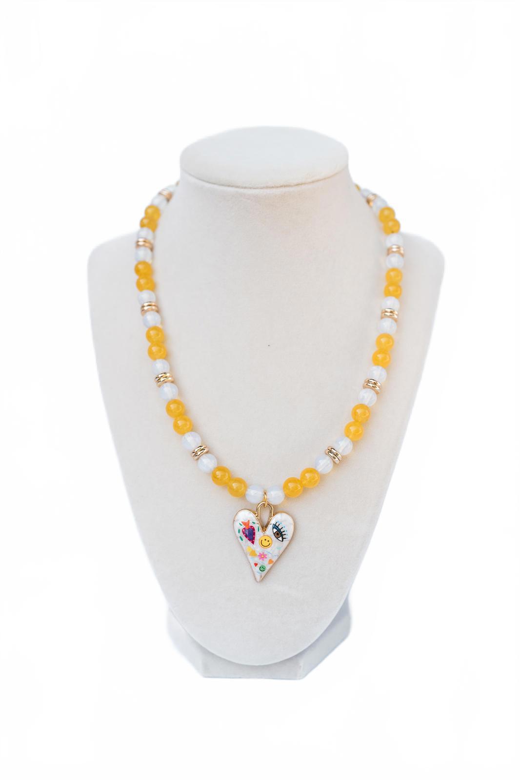 Yellow and White Jade Pendant Heart Necklace