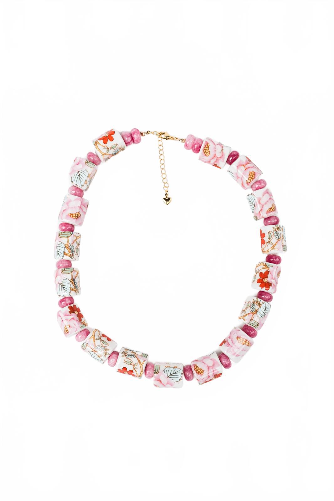 Floral and Pink Candy Quartz Rondelle Beaded Necklace