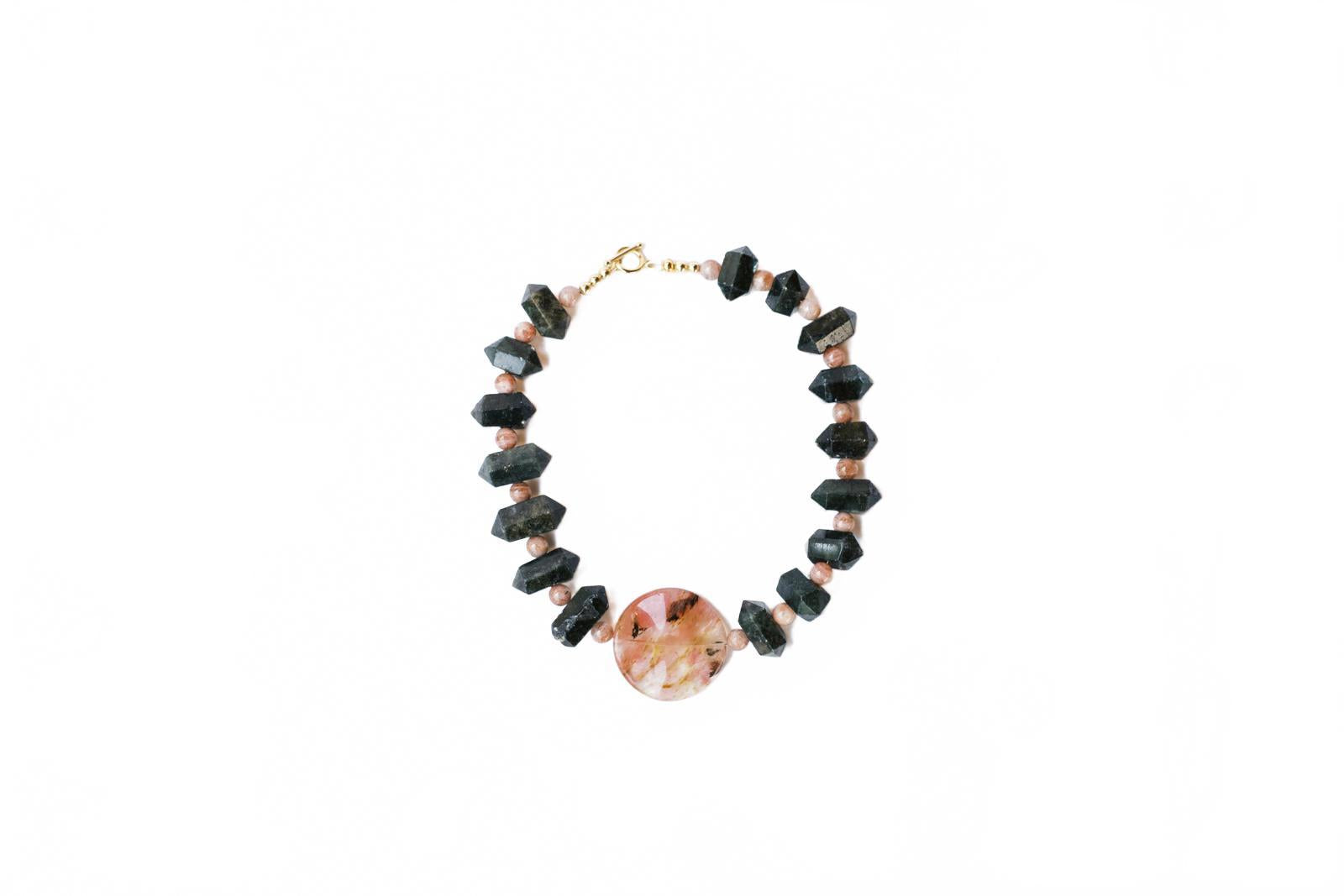 Dark Green Quartz and Peach Moonstone Pendant Necklace