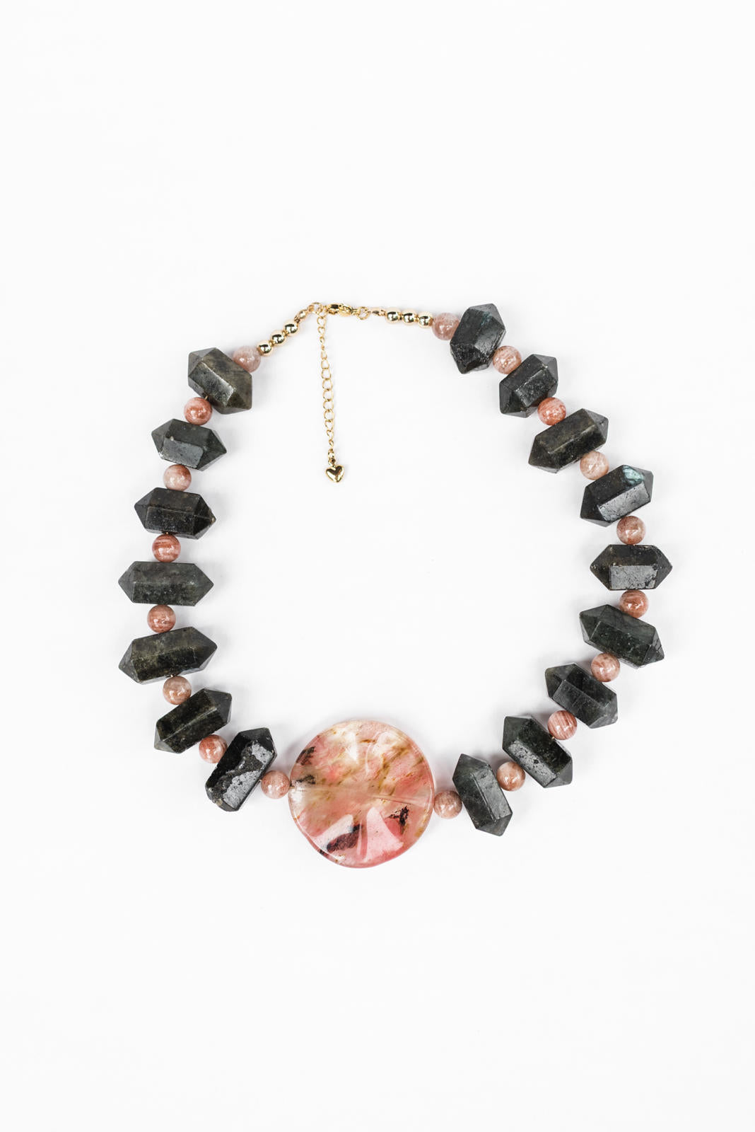 Dark Green Quartz and Peach Moonstone Pendant Necklace