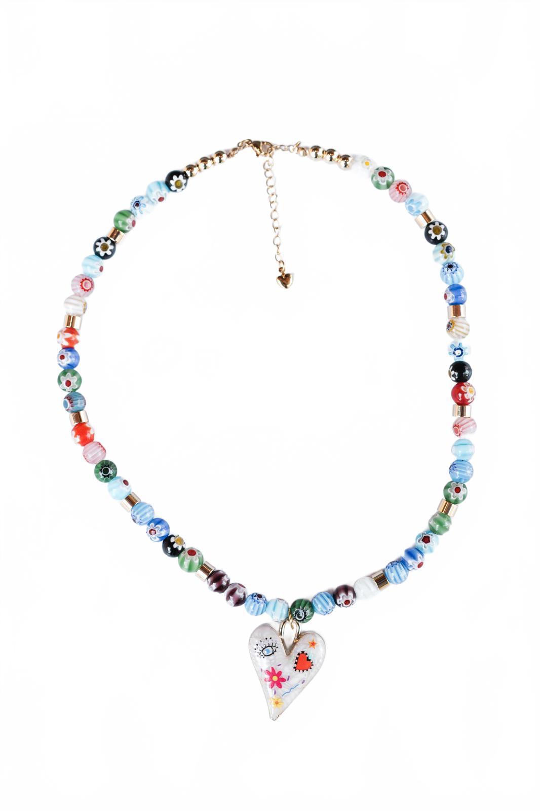 Multicolor Glass Bead and Pendant Heart Necklace